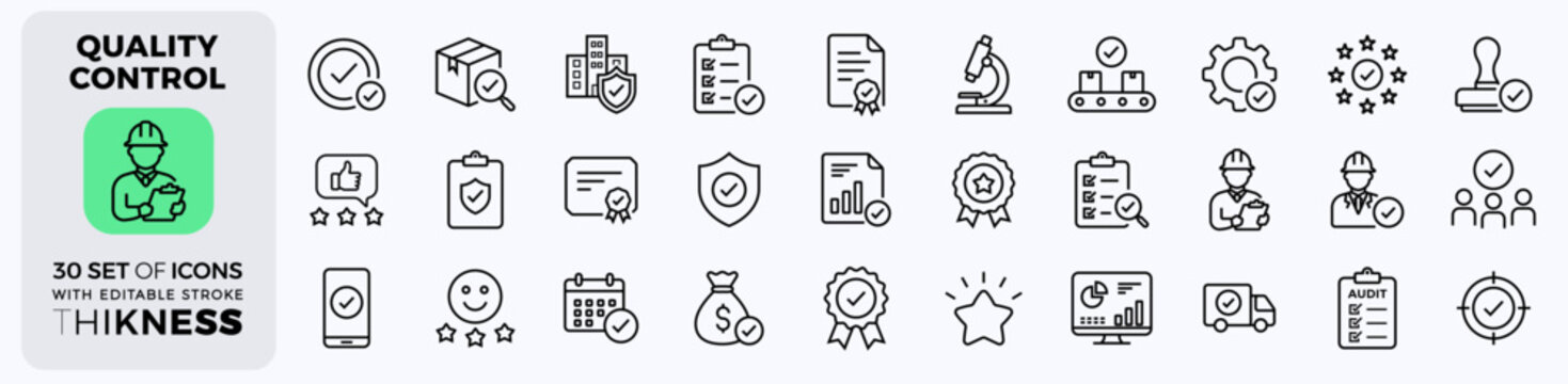 Quality control and assurance web line icons including checklists, seals, approval stamps, gears, documents, and measurement tools Collection. Editable stroke. Vector illustration.