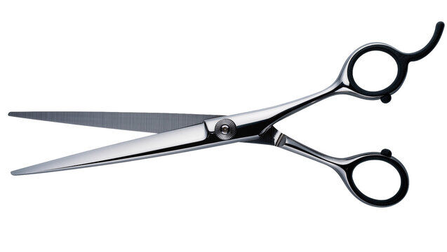 Professional silver metal barber scissors with black finger grips, isolated on transparent background