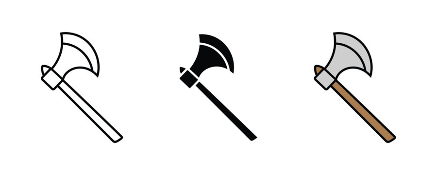Sharp metal axe weapon icon set. Woodcutting tool, forestry equipment, medieval battle weapon, or camping survival symbol. Vector Illustration.