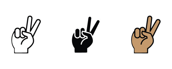Fototapeta premium Victory hand sign gesture icon set. Peace sign, winning success, or number two finger hand signal symbol. Vector Illustration