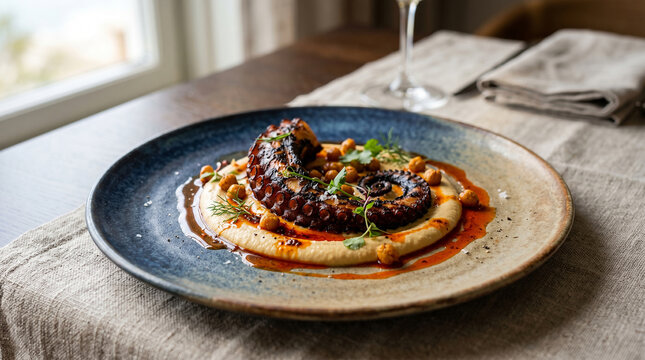 A fine dining plate featuring a single char-grilled Aegean octopus tentacle, elegantly curled, with subtle charred edges. The octopus is artfully arranged over a smooth, warm, creamy hummus pool