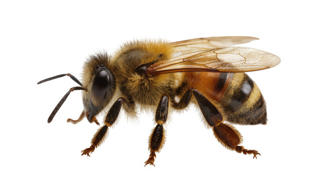 Detailed macro view of a fuzzy honey bee with striped abdomen, isolated on transparent background