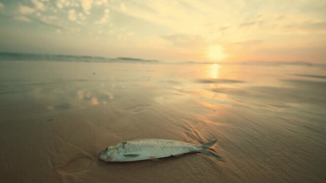 Dead fish washed ashore on sandy beach at sunset
