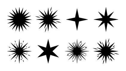 Obraz premium Set of 8 Black Starburst Icons, Sparkle Shapes, Burst Elements, Geometric Star Designs for Graphic Resources