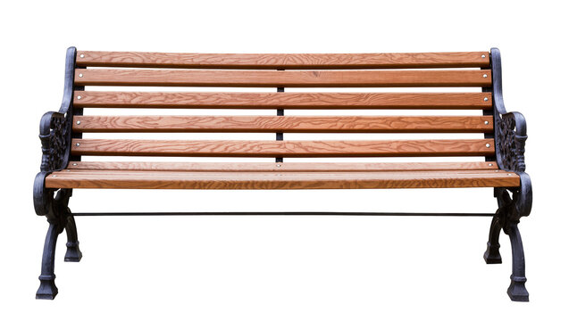 Ornate cast iron park bench with wooden slats, isolated on transparent background