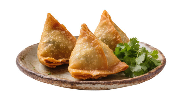 Golden brown crispy samosas with fresh cilantro on a rustic plate, isolated on transparent background