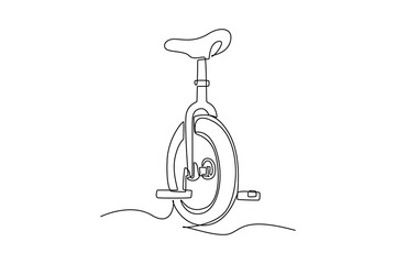 Single continuous line drawing modern sport unicycle viewed from angled perspective. Single sturdy wheel, foot-pedal cranks, padded seating assembly. One line draw graphic design vector illustration © onetime