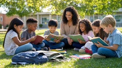 Fototapeta premium Teacher and diverse children reading books together outdoors on school lawn in sunny education activity