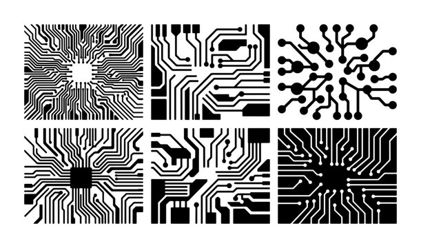 Circuit Board Patterns, Electronic Chip Designs, Technology Network Connections, Digital Data Flow Graphics