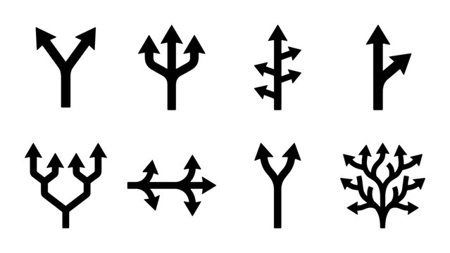 Directional Arrows Set, Branching Paths Icons, Decision Making Symbols, Navigation Options, Vector Graphics