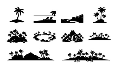 Tropical Island Silhouettes, Palm Trees & Beach Scenes Vector Icons Set: Paradise Getaway & Vacation Graphics © Farzana