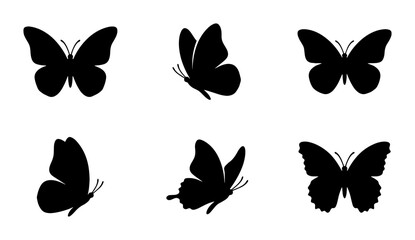 Six Black Butterfly Silhouettes, Vector Icons, Insect Wing Shapes, Nature Elements, Delicate Flying Creatures © Farzana