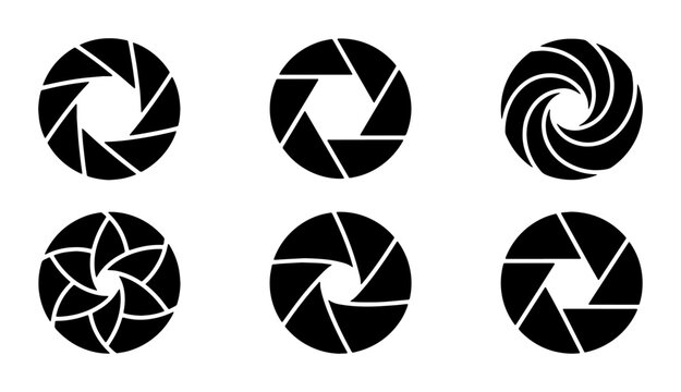 Camera Aperture Icons Set, Photography Lens Diaphragm Symbols, Abstract Circular Blades, Graphic Design Elements, Vector Illustration