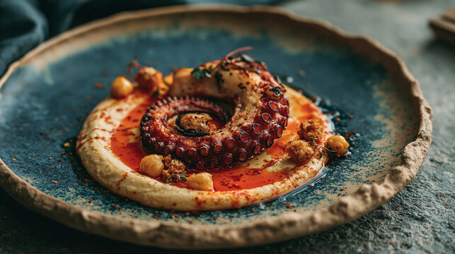 A fine dining plate featuring a single char-grilled Aegean octopus tentacle, elegantly curled, with subtle charred edges. The octopus is artfully arranged over a smooth, warm, creamy hummus pool