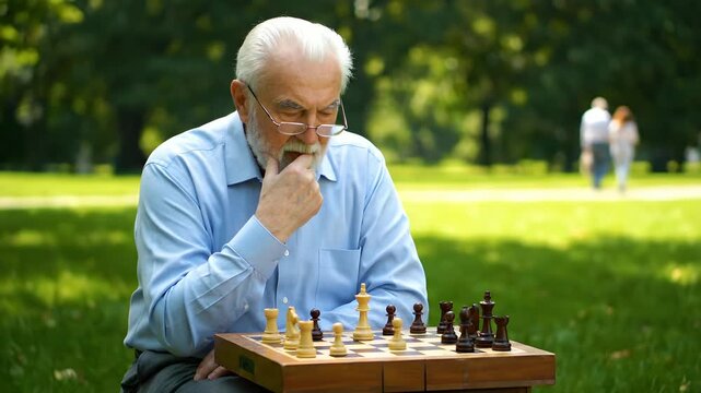 Elderly Man Playing Chess in Park Thoughtfully.
