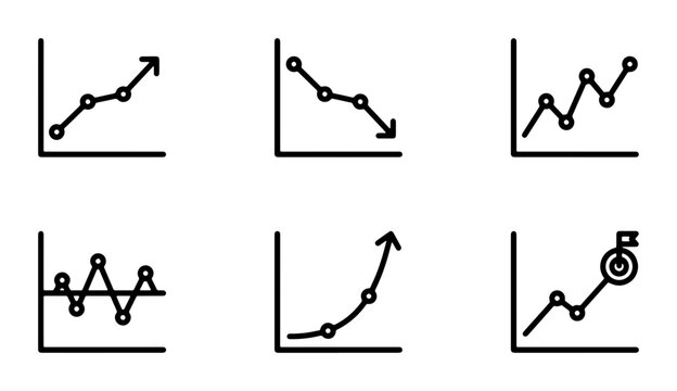 Six Simple Line Graph Icons: Upward Trend, Downward Trend, Volatility, Growth, Goal Achievement, Data Analysis