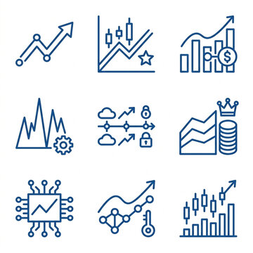 Collection of financial and business growth charts and graphs icons.