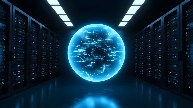 Futuristic Data Center with Glowing Blue Sphere Representing Global Network and Digital Information Flow.