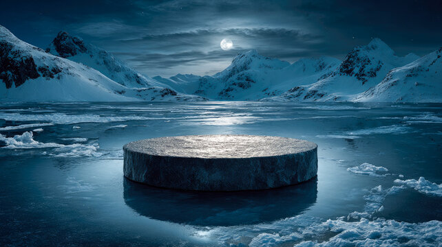 Abstract background for a product presentation, a round stone podium on an icy lake with snow-covered mountains in the winter night.