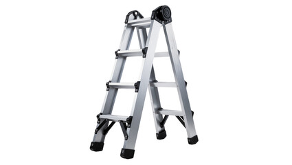 Foldable aluminum multi-purpose step ladder with black rubber feet, isolated on transparent background © Sorin