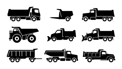 Black Silhouette Dump Trucks and Haulers Vector Icons Set, Construction Vehicle Collection for Industrial and Logistics Themes © Mitu