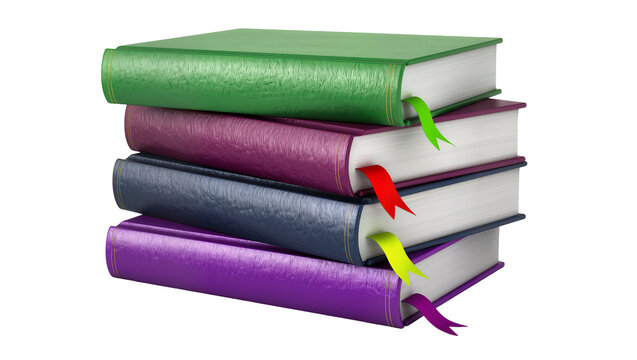Stack of four hardcover books with colorful ribbon bookmarks, isolated on transparent background
