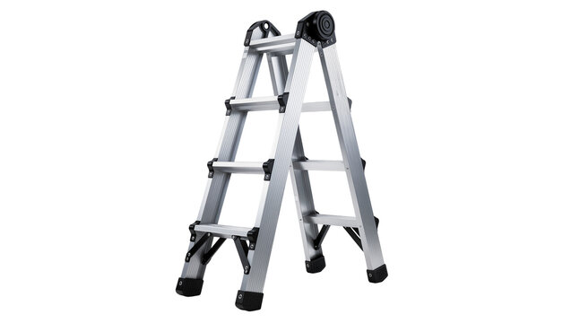Foldable aluminum multi-purpose step ladder with black rubber feet, isolated on transparent background