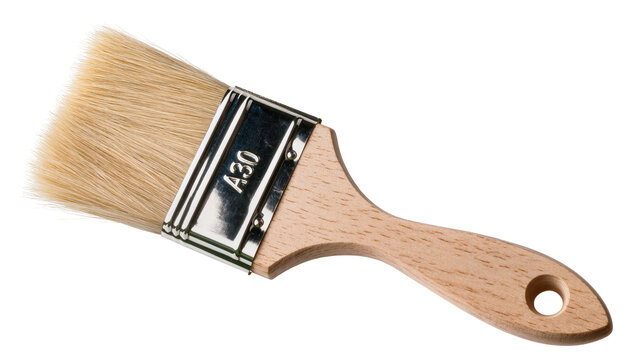 Wooden handled paint brush with metal ferrule and natural bristles, isolated on transparent background