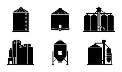 Grain Silo Icons Set, Agricultural Storage Tanks Vector Collection, Industrial Farm Buildings Silos © Mahmudul
