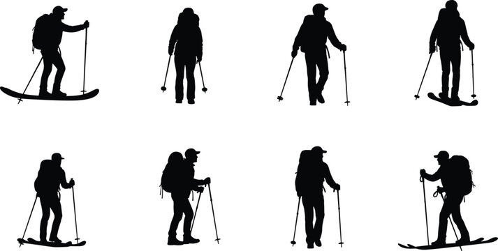 Backcountry skiers and winter hikers silhouettes set with backpacks and trekking poles isolated on white background