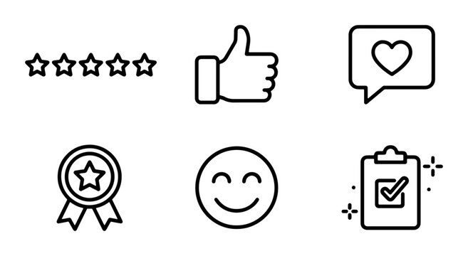 Five Star Rating, Thumbs Up, Heart Chat, Award Badge, Happy Face, Checklist Icons. Vector Set for Customer Feedback and Satisfaction.