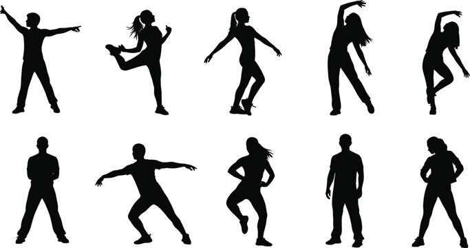Dance fitness and modern street dancers silhouettes collection set vector isolated on white background