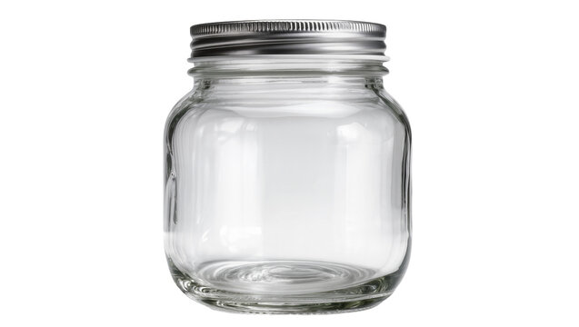 Clear glass mason jar with silver metal lid, isolated on transparent background