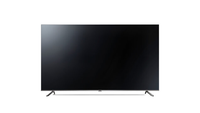 Thin modern flat screen television with silver stand, isolated on transparent background