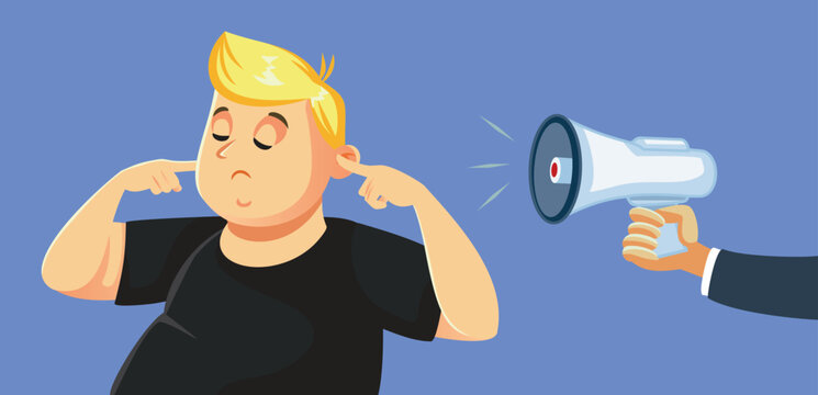Overweight Man Plugging Ears From Person Yelling Vector Illustration. Stressed obese male character inserting fingers into ears avoiding loud shouting megaphone 