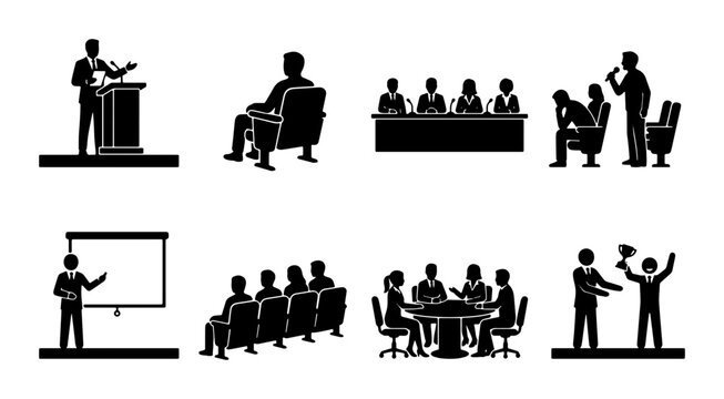Business Meeting Icons, Presentation Graphics, Conference Silhouettes, Corporate Event Vector Set