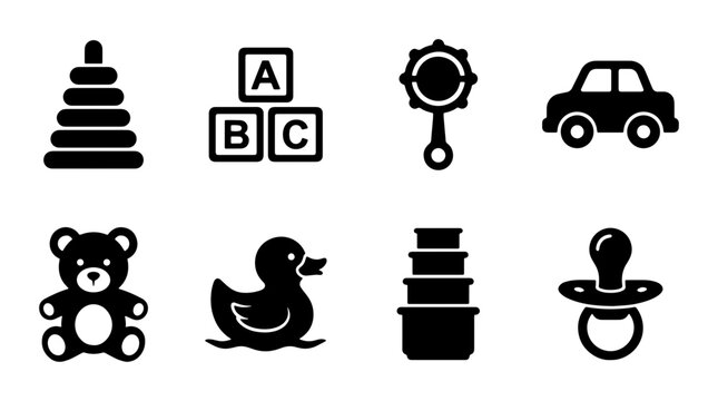 Baby Toy Icons Set: Stacking Rings, ABC Blocks, Rattle, Car, Teddy Bear, Duck, Stacking Cups, Pacifier