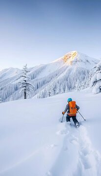 Deep powder telemark skiing in northern Japan backcountry near Niseko mountain, Hokkaido, Japanese mountains
