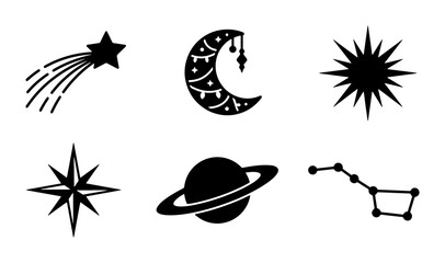 Celestial Icons: Star, Moon, Sunburst, Compass, Saturn, Constellation Vector Graphics Set © Ziaur