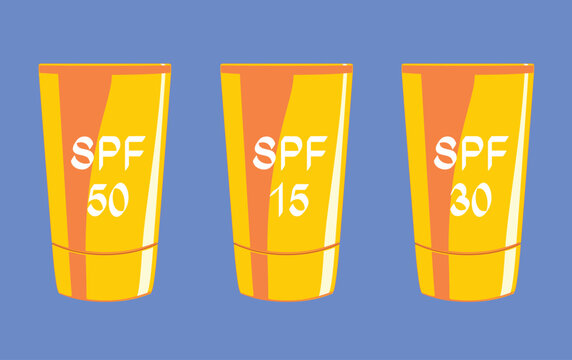  Summer Sunscreen Tubes With Different Protective Factors Vector Illustration. Assorted skincare cosmetic tubes offering varying ultraviolet filter strength protection
