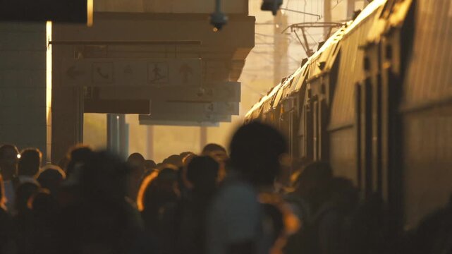 Crowd gathers at train station during evening rush hour in urban area