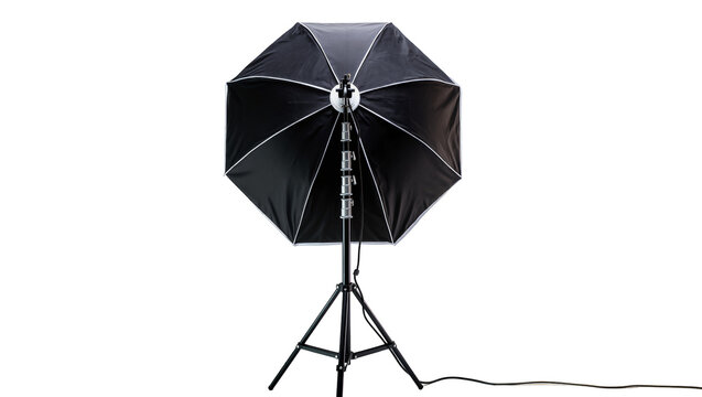 Octagonal black photography umbrella softbox with silver trim, isolated on transparent background