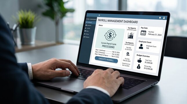Payroll management dashboard displayed on laptop screen showing processing status, tax reports, employee count, and budget overview for accounting tasks