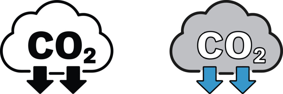 Two clouds with C O2 text and downward arrows indicating reduction Keywords: C O2, carbon dioxide, emission, reduction, decrease, cloud