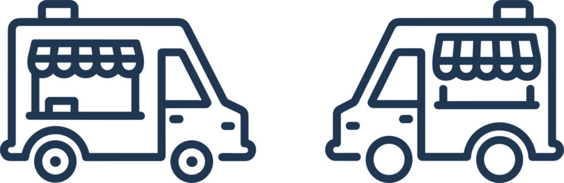 Two stylized food trucks with open serving windows on a white background Keywords: food truck, van, mobile kitchen, street food, catering