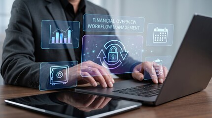 Fototapeta premium Businessman working on laptop with financial overview hologram, workflow management interface, security lock icon