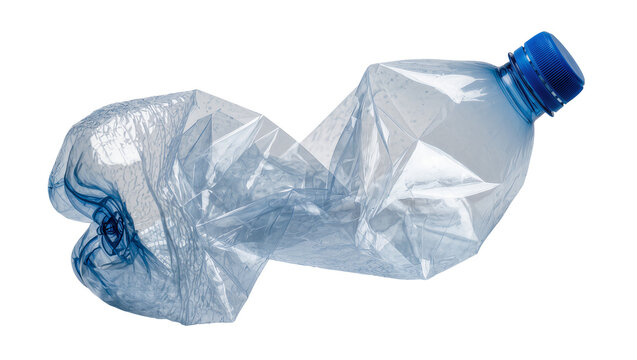 Crushed blue plastic water bottle with cap, isolated on transparent background