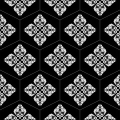 Fototapeta premium Minimalist seamless geometric pattern featuring monochrome black and white hexagon tiles with elegant abstract line art elements inside