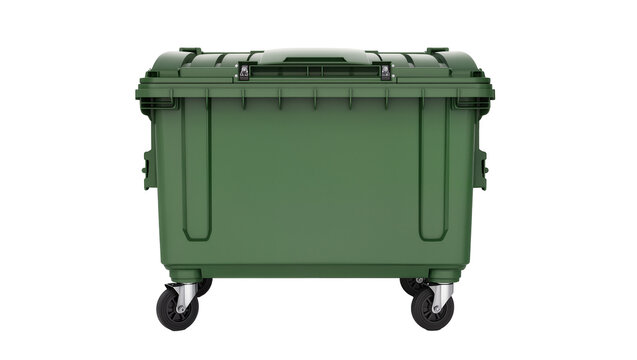 Large green plastic garbage bin with wheels, isolated on transparent background
