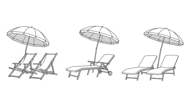 Set of beach lounge chairs and sun umbrellas in various arrangements shown as simple line art icons for summer vacation concepts.